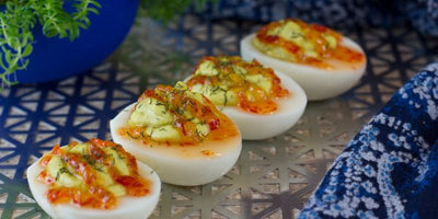 Chili Oil Crisp Deviled Eggs by HOT JIANG®