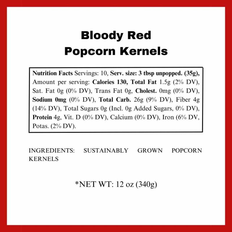 Scary Movie Popcorn - Bloody Red Popcorn Kernels Nutrition Label by Dell Cove Spices & More Co.
