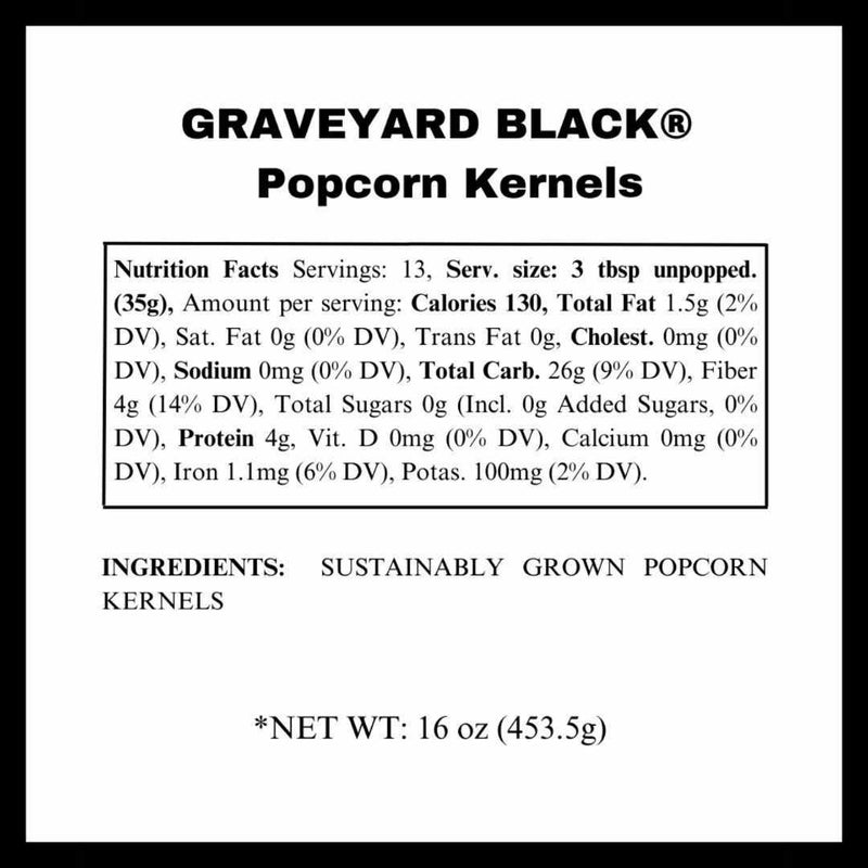 Scary Movie Popcorn - Graveyard Black Popcorn Kernels Nutrition Label by Dell Cove Spices & More Co.